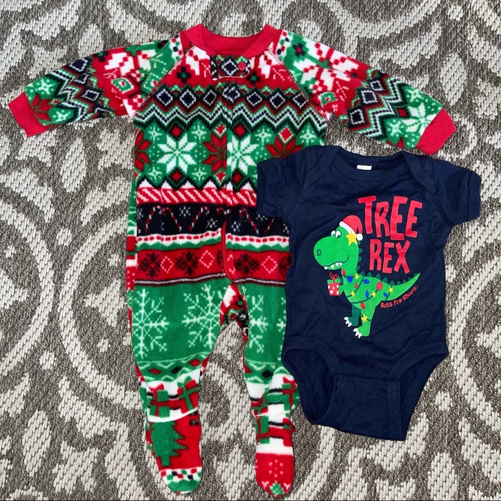Bass Pro Shop onesie and Christmas/holiday fleece PJs